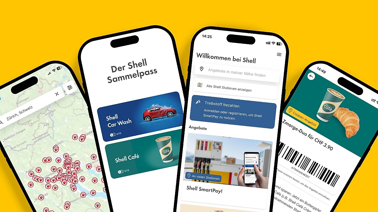 Vier geöffnete Handyscreens zeigen Vorteile der Shell App: intelligenter Tankstellenfinder, Shell SmartPay, Aktuelle Angebote, Shell Sammelpässe