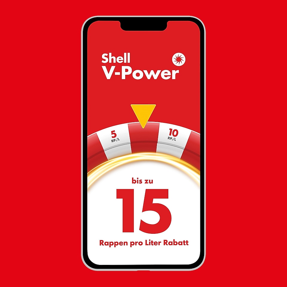 Auf rotem Hintergrund Smartphone mit „Shell V-Power bis zu 15 Rappen Rabatt pro Liter!“ im Screen
