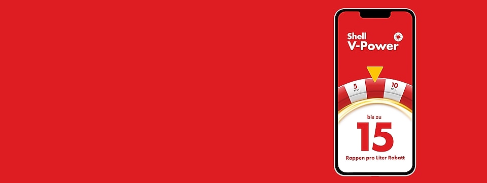  Sur fond rouge, smartphone avec « Shell V-Power jusqu’à 15 centimes par litre