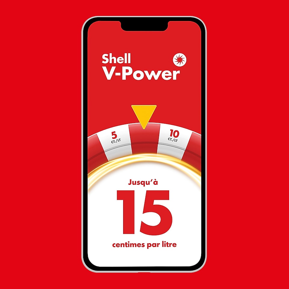 Sur fond rouge, smartphone avec « Shell V-Power jusqu’à 15 centimes par litre